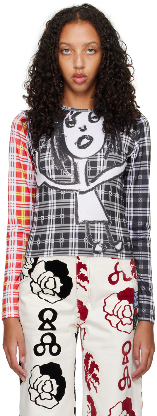 Chopova Lowena Gray Tartan Girl Long Sleeve T-shirt In Gray Multi