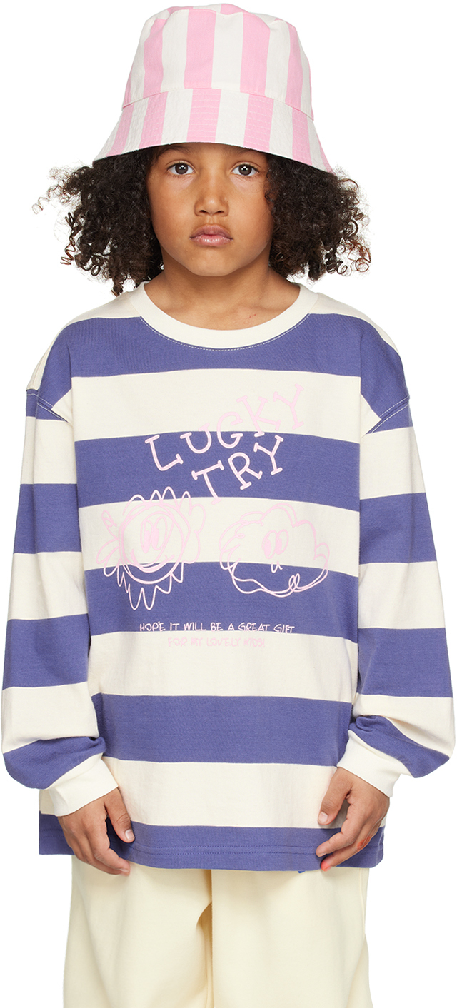 Luckytry Kids Blue & White Stripe Long Sleeve T-shirt In Navy