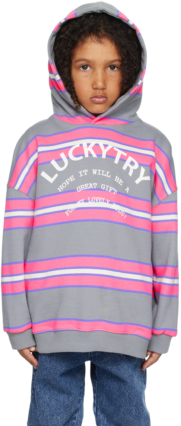 Luckytry Kids Gray Stripe Hoodie In Pink
