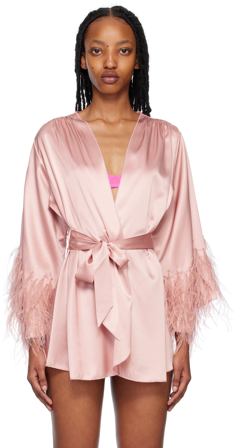 Fleur Du Mal Feather-embellished Angel Sleeve Robe In Pink
