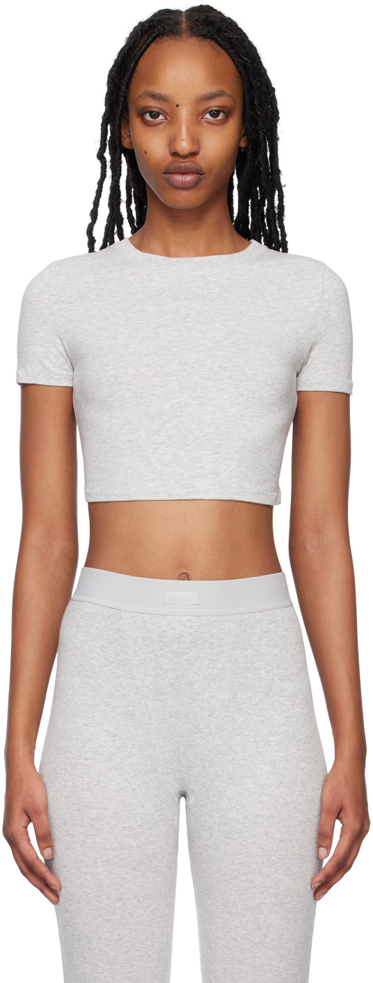 SKIMS: Gray Cotton Jersey Super Cropped T-Shirt