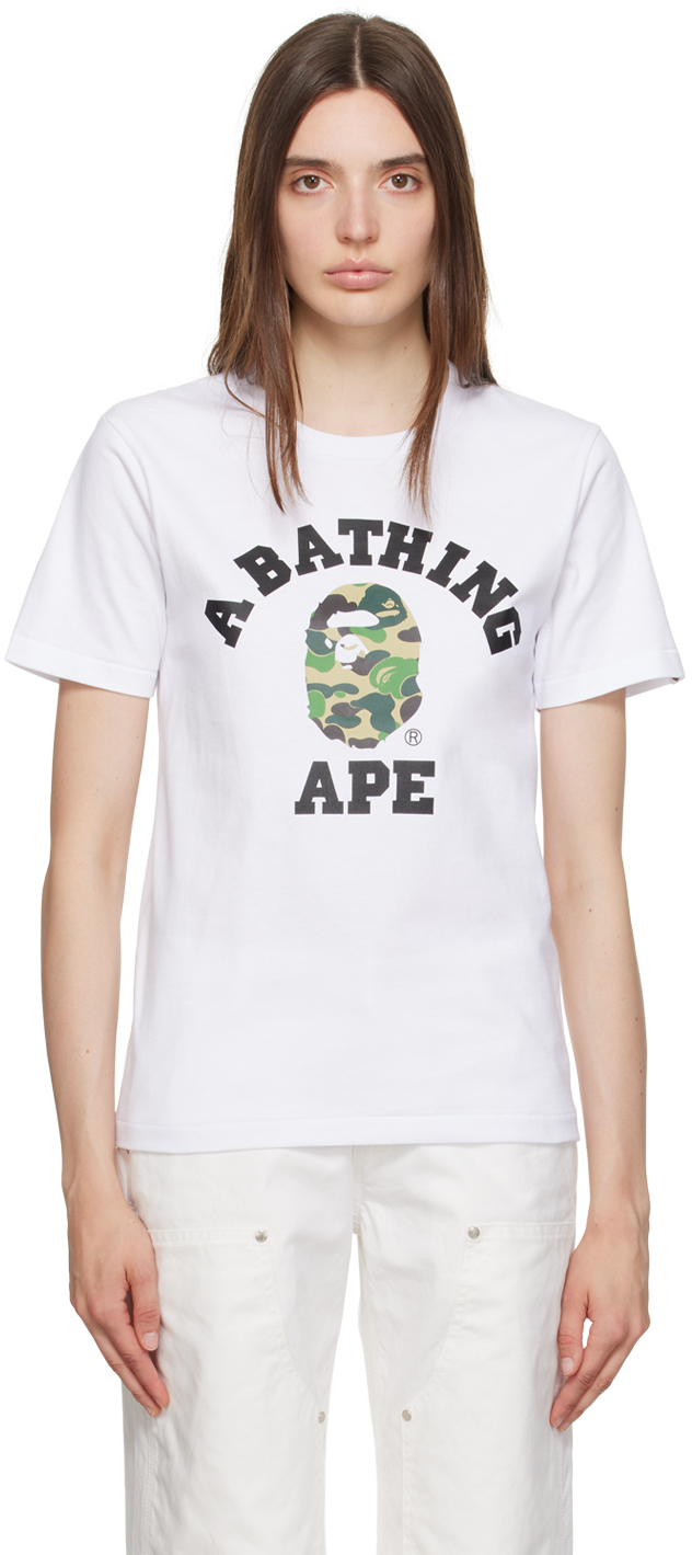 BAPE: White Woodland Camo College T-Shirt | SSENSE