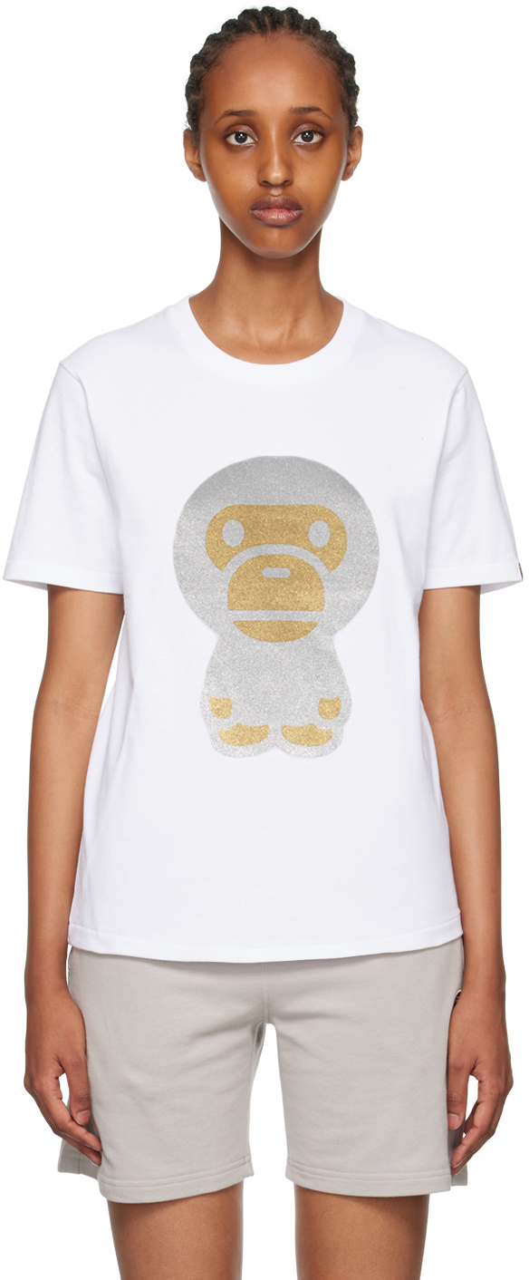 BAPE: White Glitter Big Baby Milo T-Shirt | SSENSE Canada