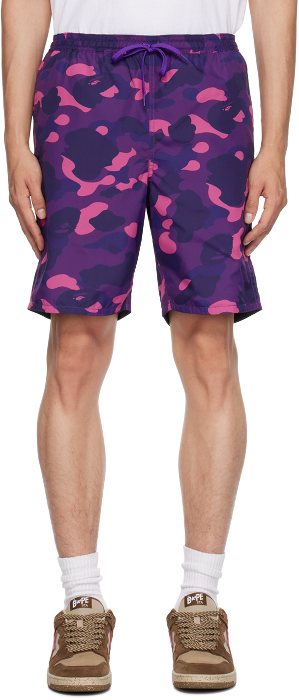 BAPE: Purple Camo Shark Reversible Shorts | SSENSE Canada