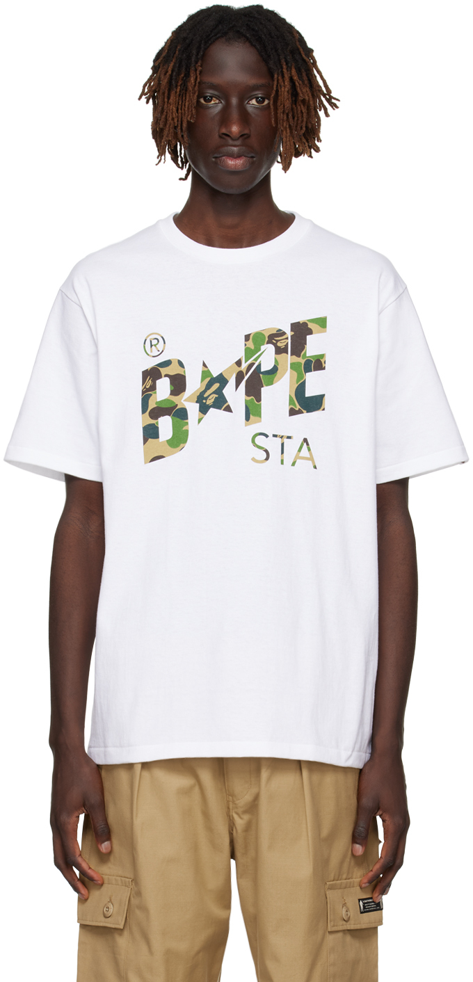 BAPE: White & Green ABC Camo T-Shirt | SSENSE Canada