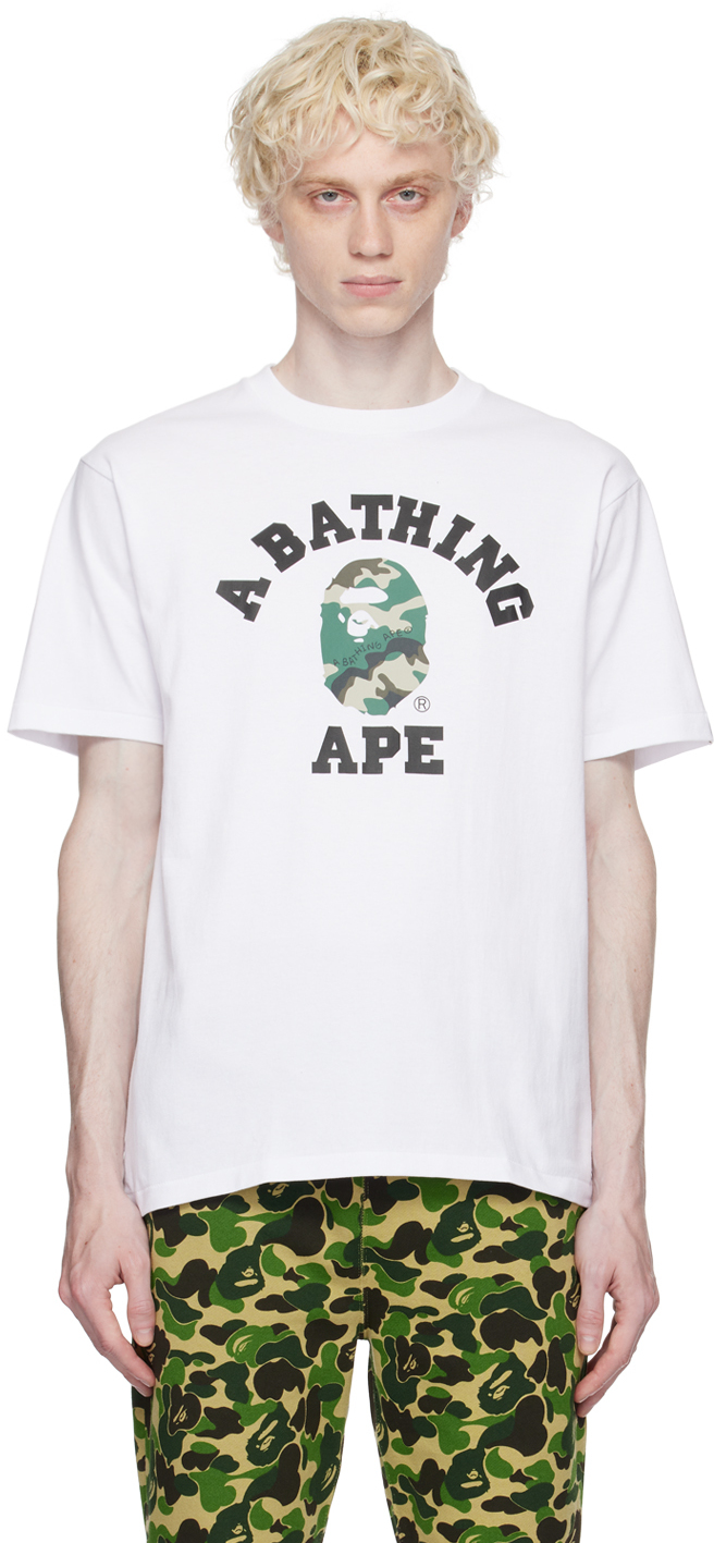 BAPE: White Woodland Camo College T-Shirt | SSENSE