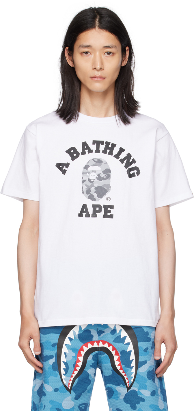 BAPE: White Honeycomb Camo College T-Shirt | SSENSE Canada