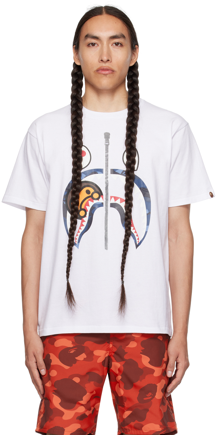 BAPE: White Camo Milo Shark T-Shirt | SSENSE Canada