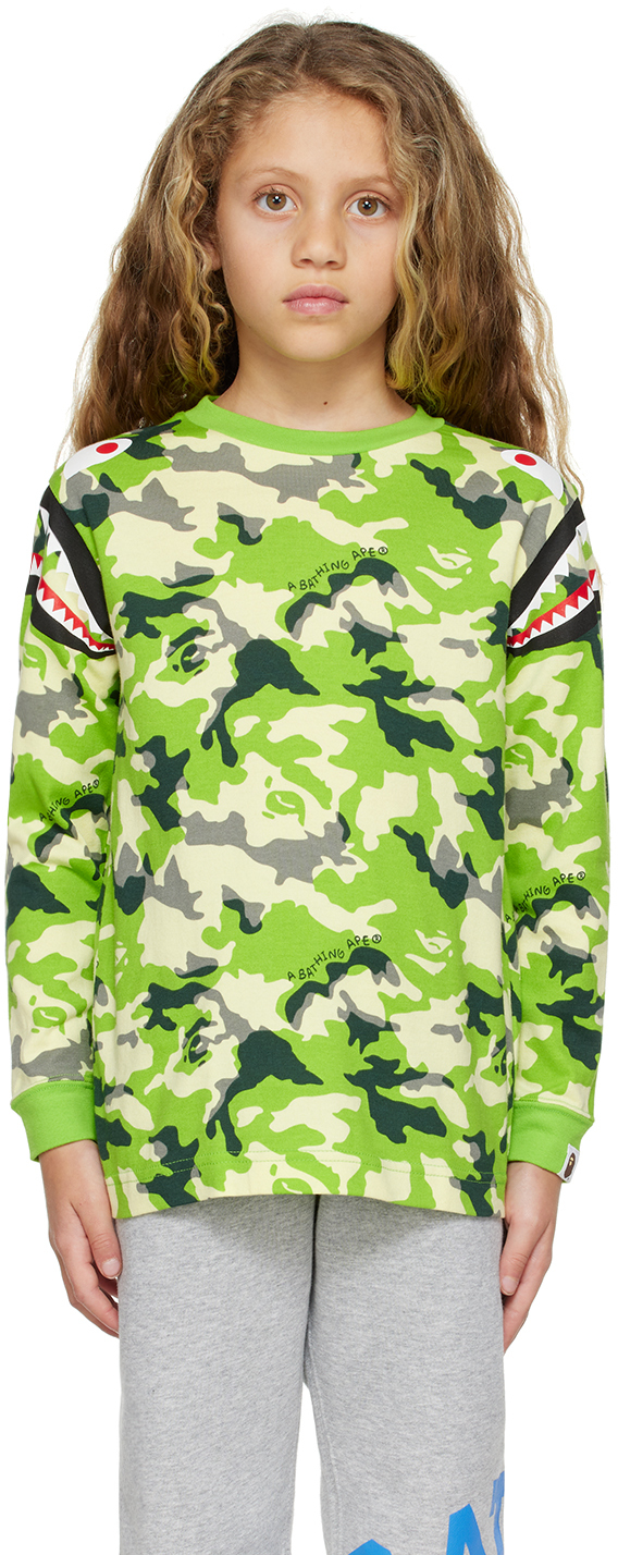 Bape Kids Green Woodland Camo Shark Long Sleeve T-shirt