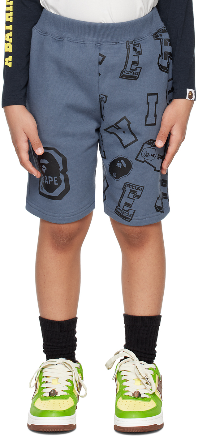 Bape Kids Blue Printed Shorts In Charcoal