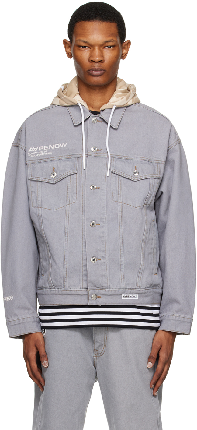 AAPE by A Bathing Ape: Gray Hooded Denim Jacket | SSENSE Canada