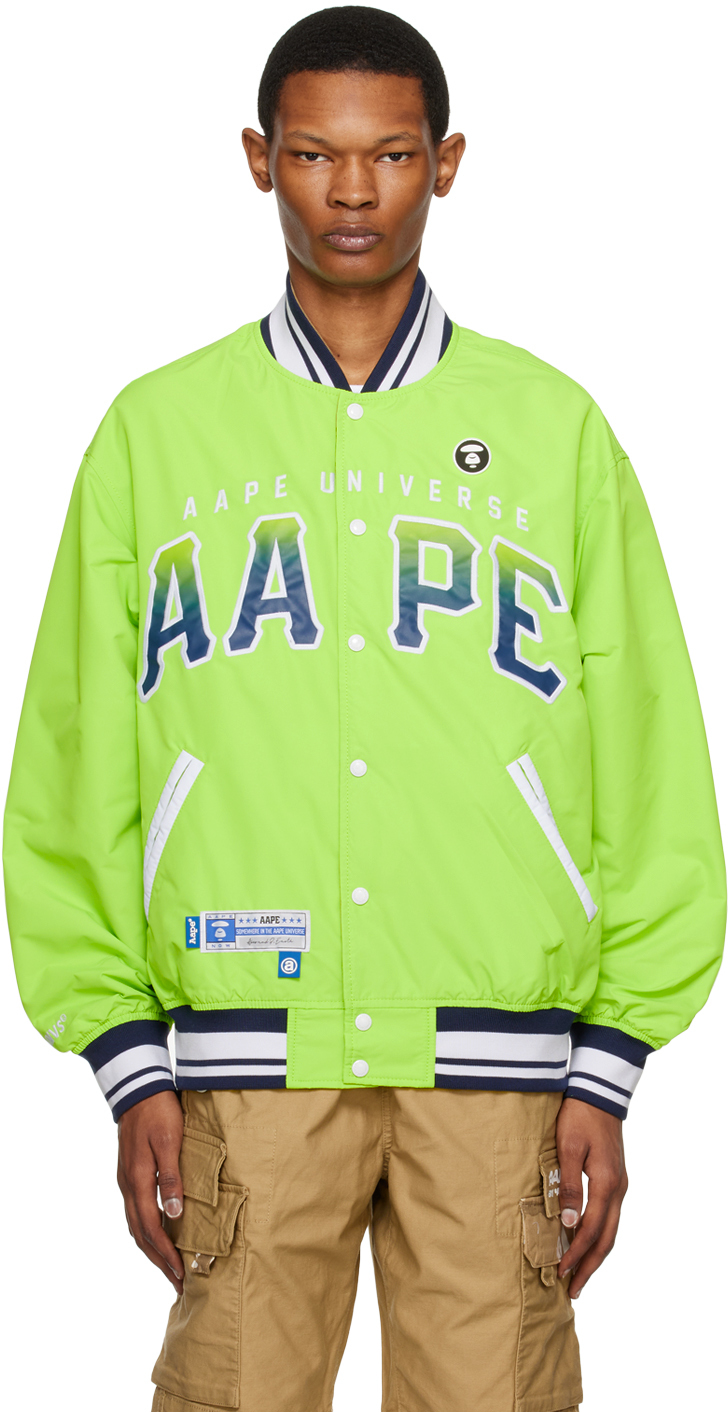 AAPE by A Bathing Ape: Green Reversible Bomber Jacket | SSENSE