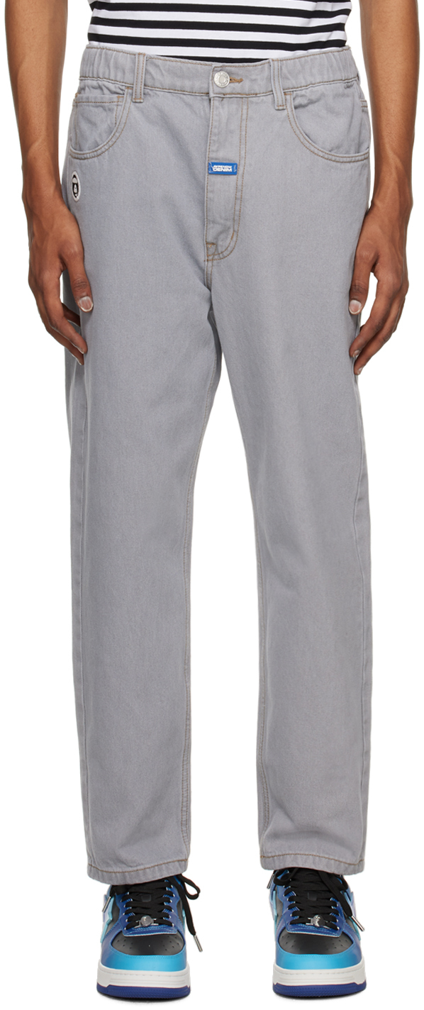 Gray Embroidered Denim Trousers by AAPE by A Bathing Ape on Sale