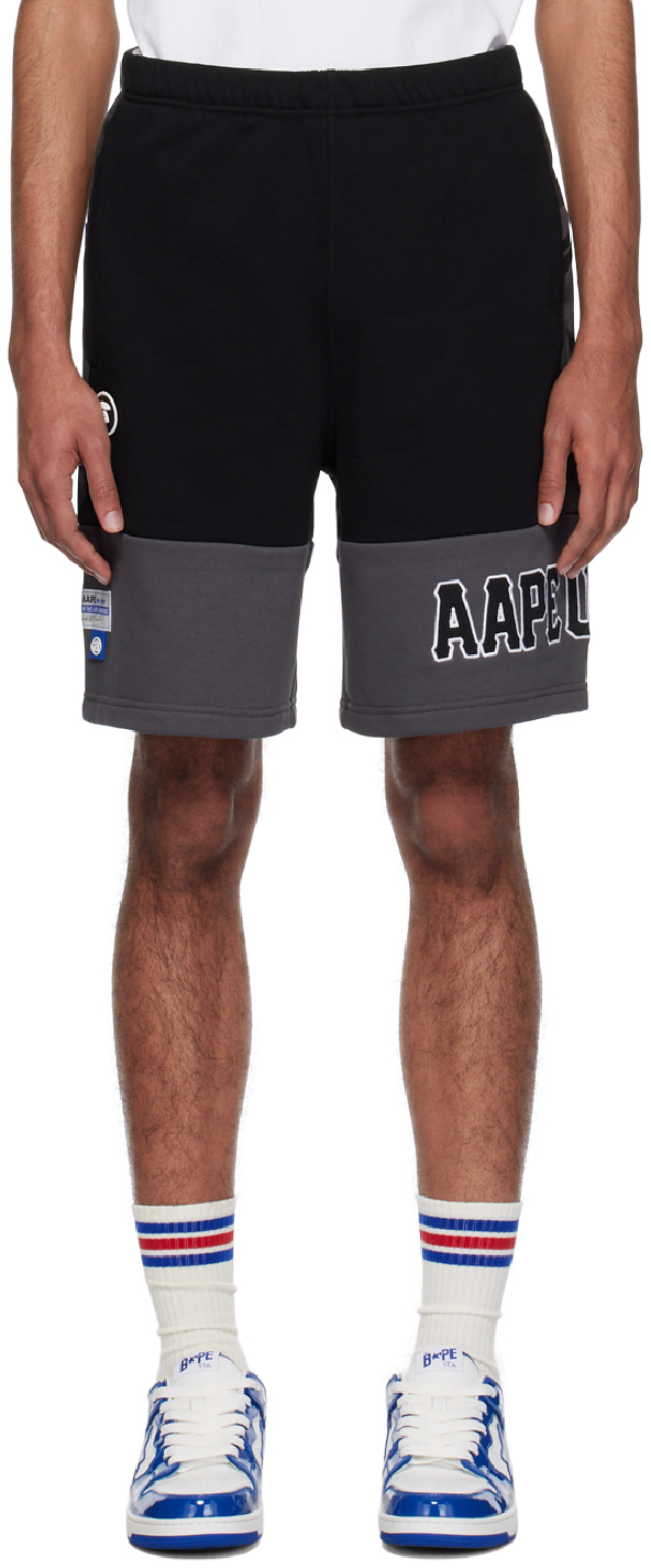 Aape By A Bathing Ape Black & Gray Paneled Shorts In Bkx
