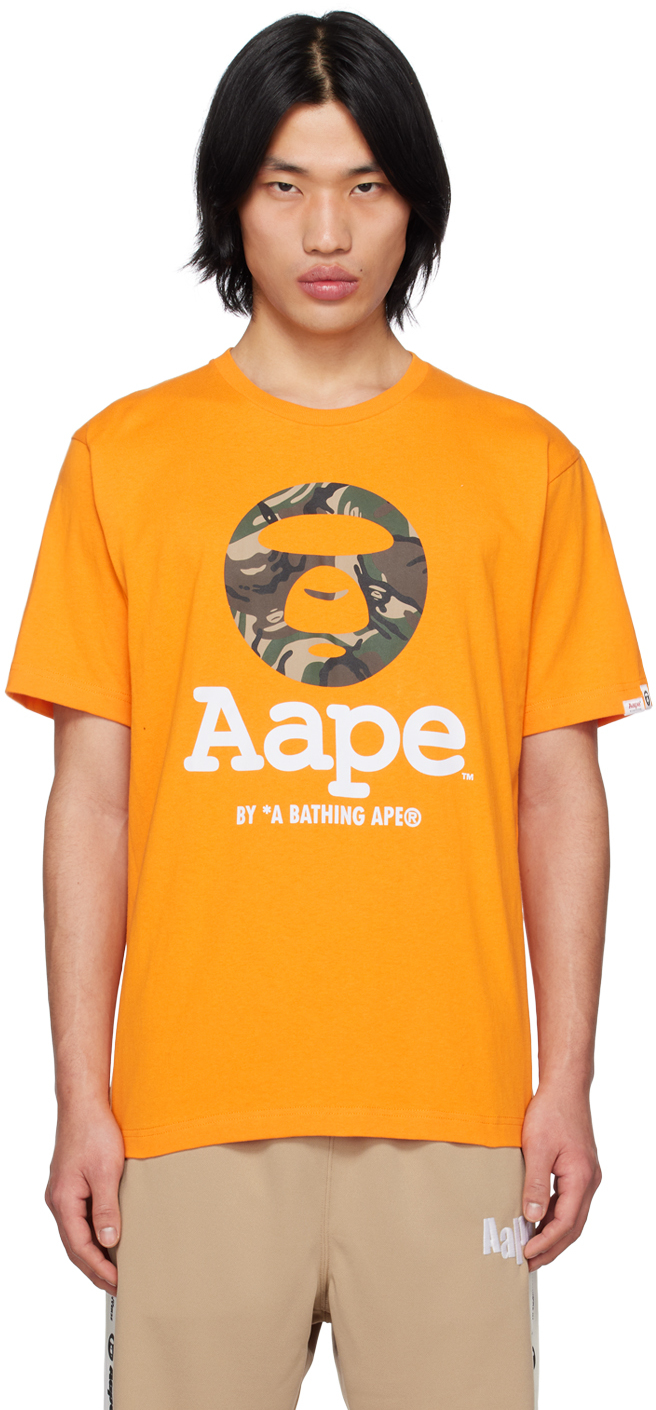 AAPE by A Bathing Ape: Orange MoonFace Camo T-Shirt | SSENSE Canada