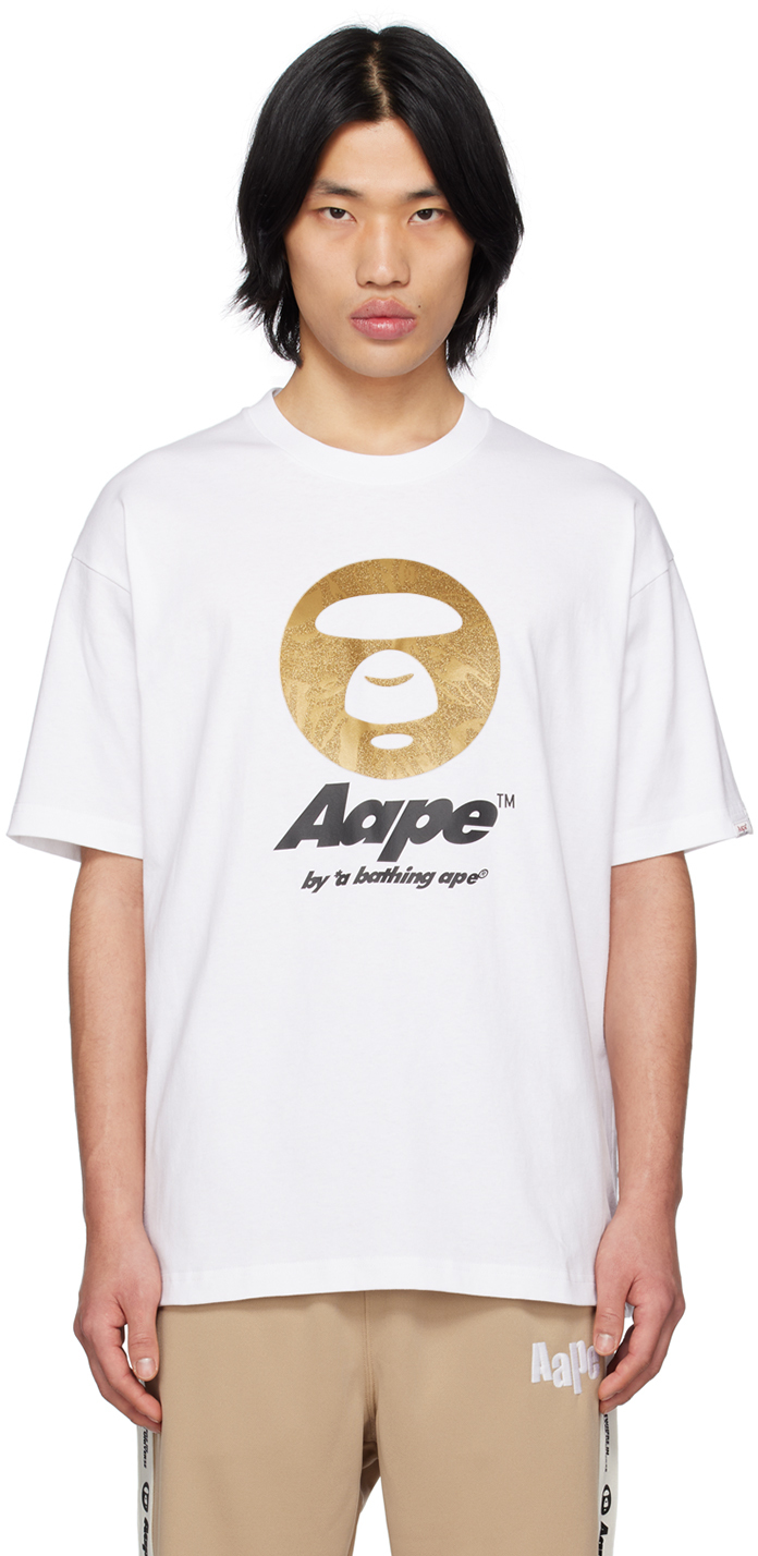 AAPE by A Bathing Ape: White Glittered T-Shirt | SSENSE