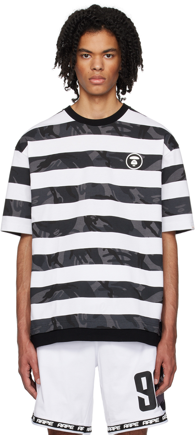 T shirt noir et blanc rayures AAPE by A Bathing Ape en solde