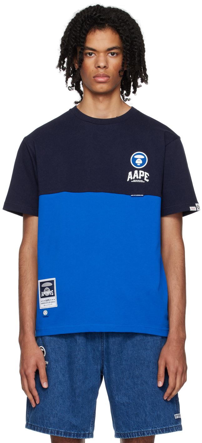 AAPE by A Bathing Ape Navy & Blue Moonface Paneled T-Shirt