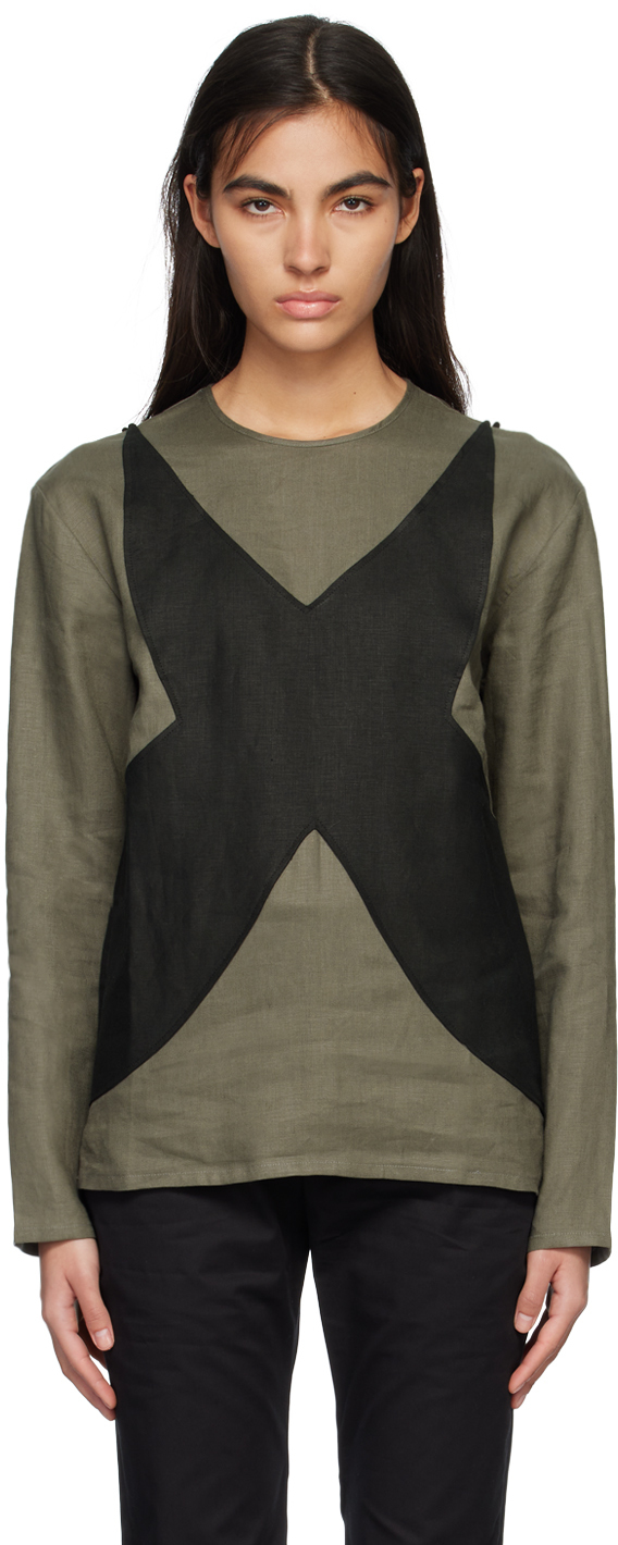 Black & Khaki Paneled Long Sleeve T-Shirt
