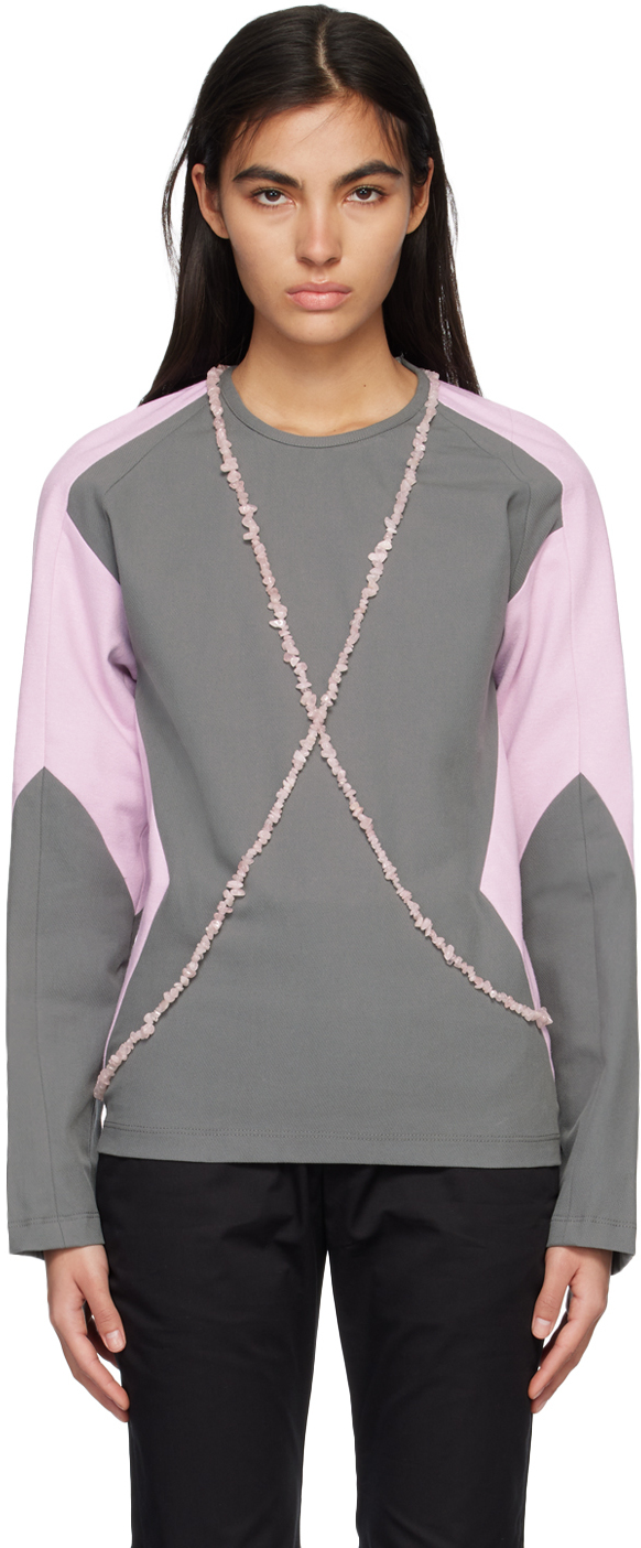 SSENSE Exclusive Gray & Pink Long Sleeve T-Shirt