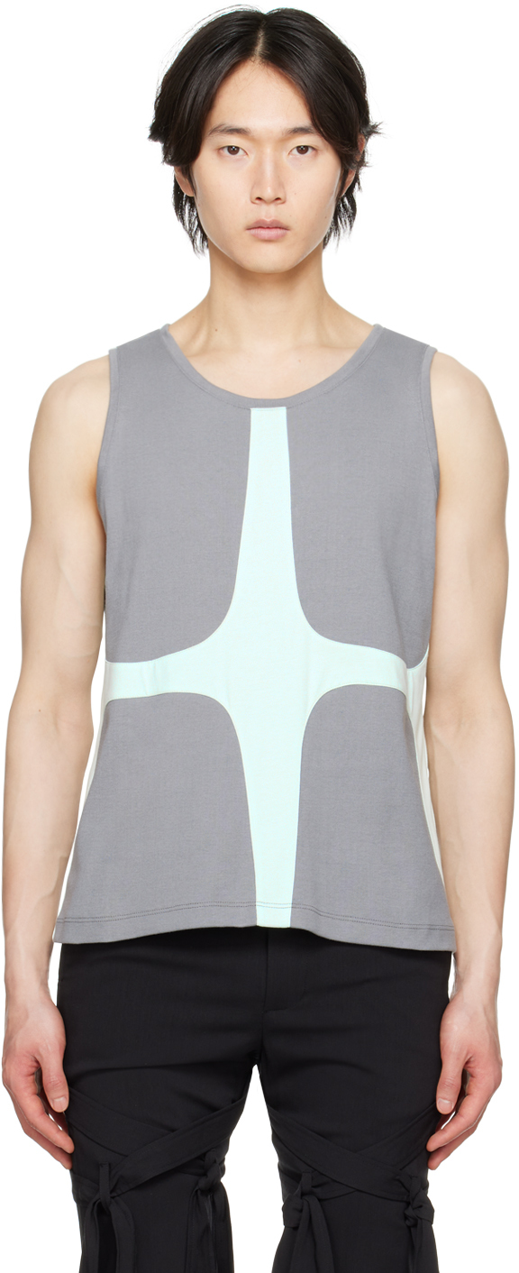 Strongthe Grey Paneled Tank Top In Grey/mint