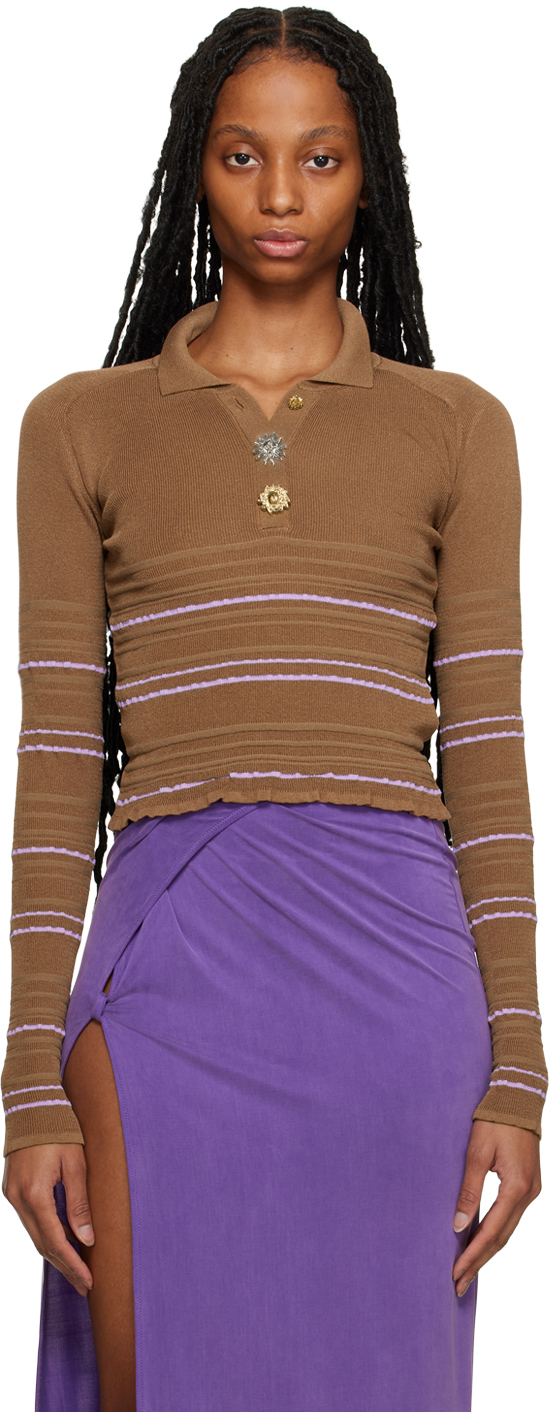 Jacquemus Striped Knitted Polo Top In 850 Brown