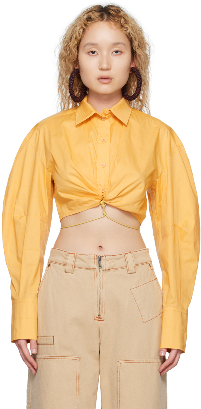 Jacquemus Plidao Gathered Waist-tie Crop Collared Shirt In Yellow