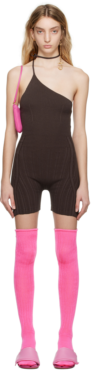 Jacquemus Le Body Maille Perola Knit Bead Playsuit In Brown
