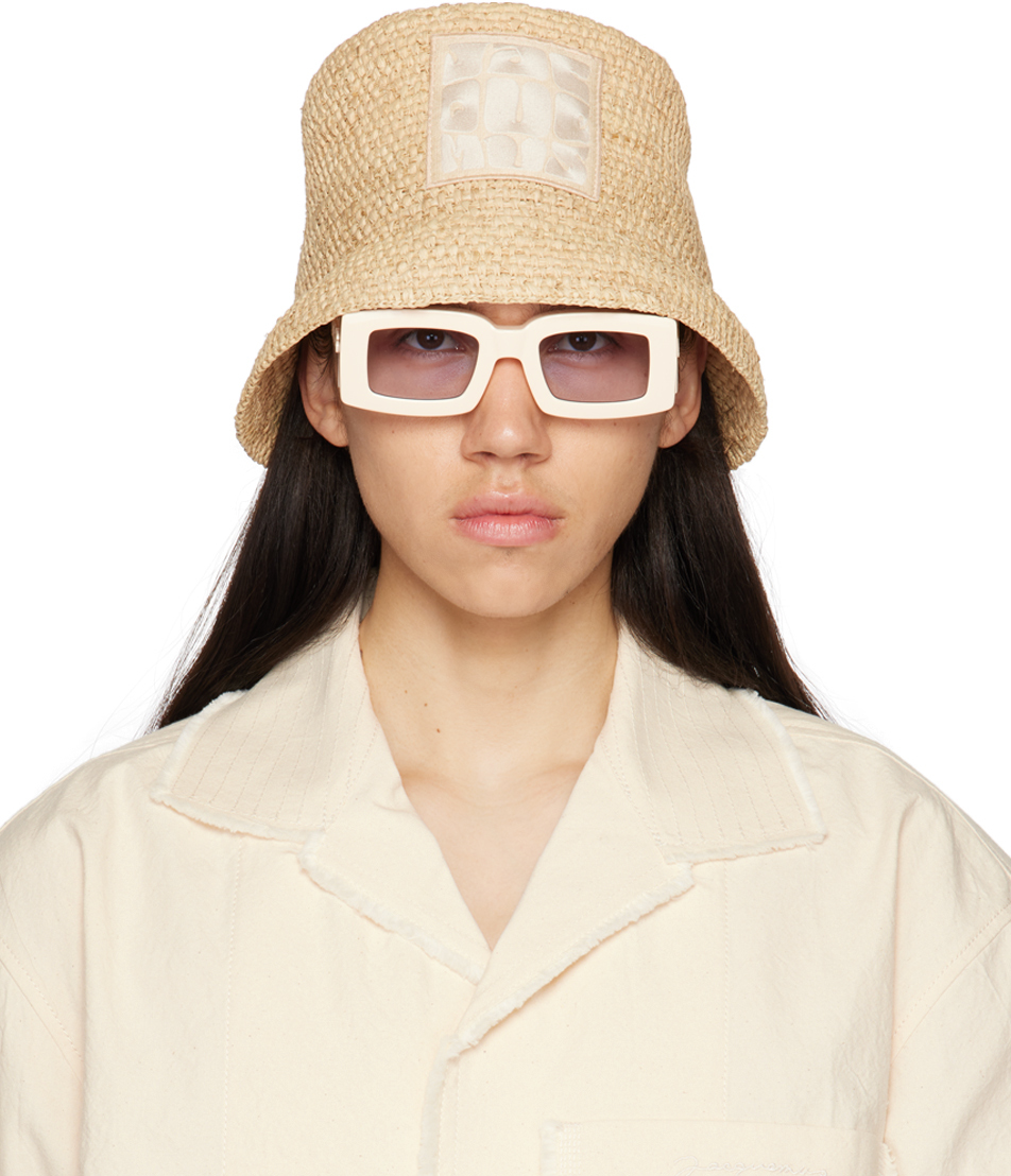 Jacquemus Mens Beige Le Bob Ficiu Brand-patch Raffia Bucket Hat