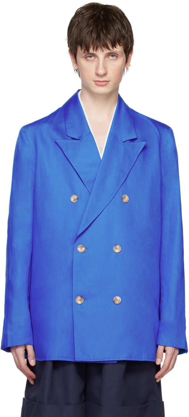 King & Tuckfield Blue Long Line Double-breasted Blazer In Cobalt