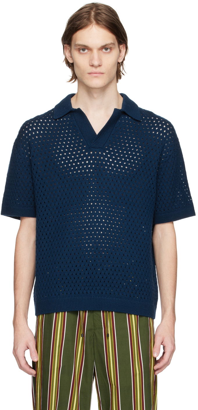 King & Tuckfield: Navy Textured Open Placket Polo | SSENSE Canada