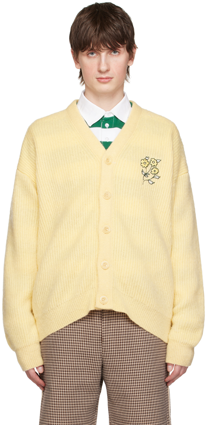 Drôle De Monsieur Embroidered-flower Ribbed Cardigan In Light Yellow
