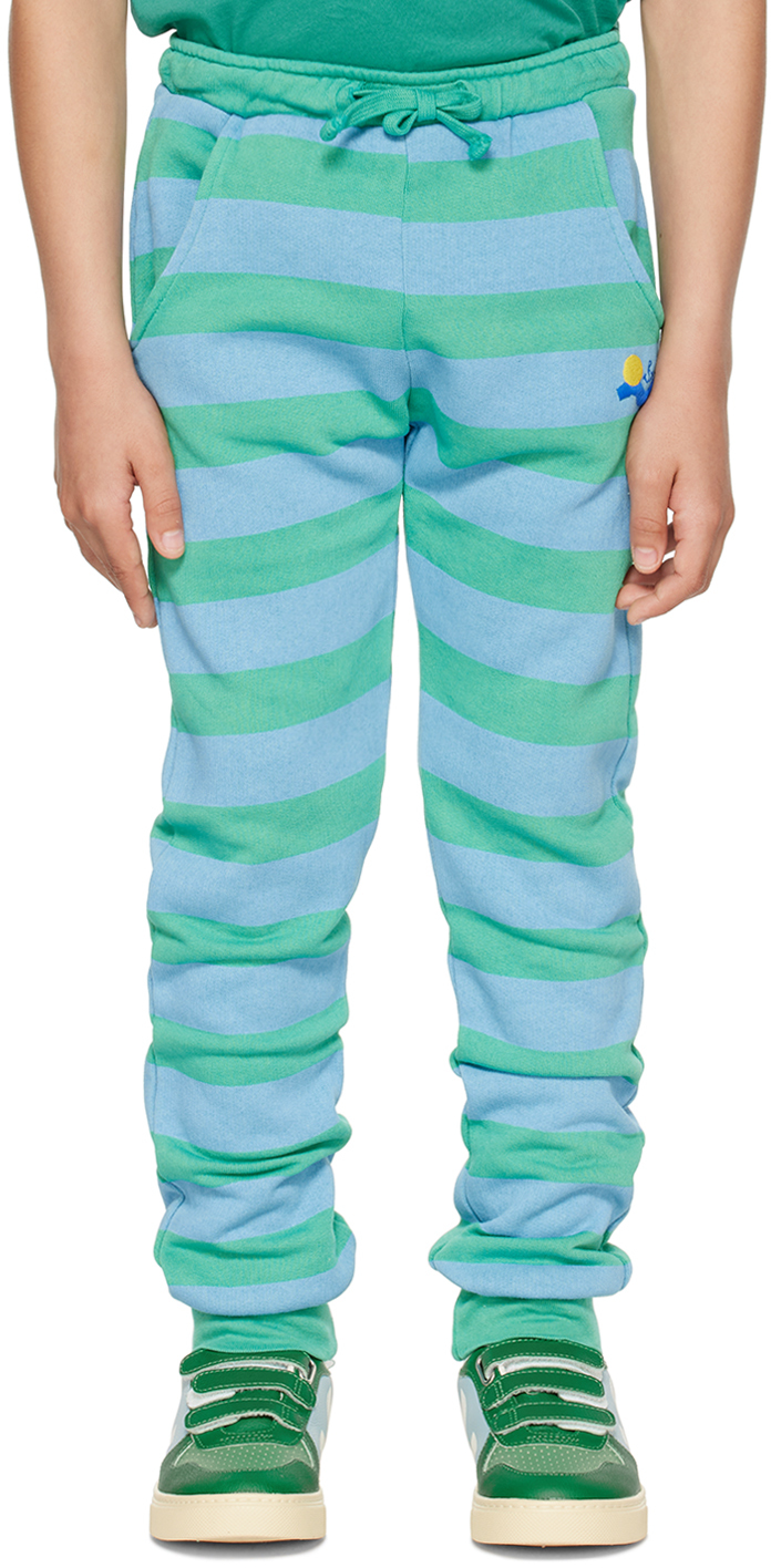 Bonmot Organic Kids Green & Blue Striped Lounge Trousers In Greenlake