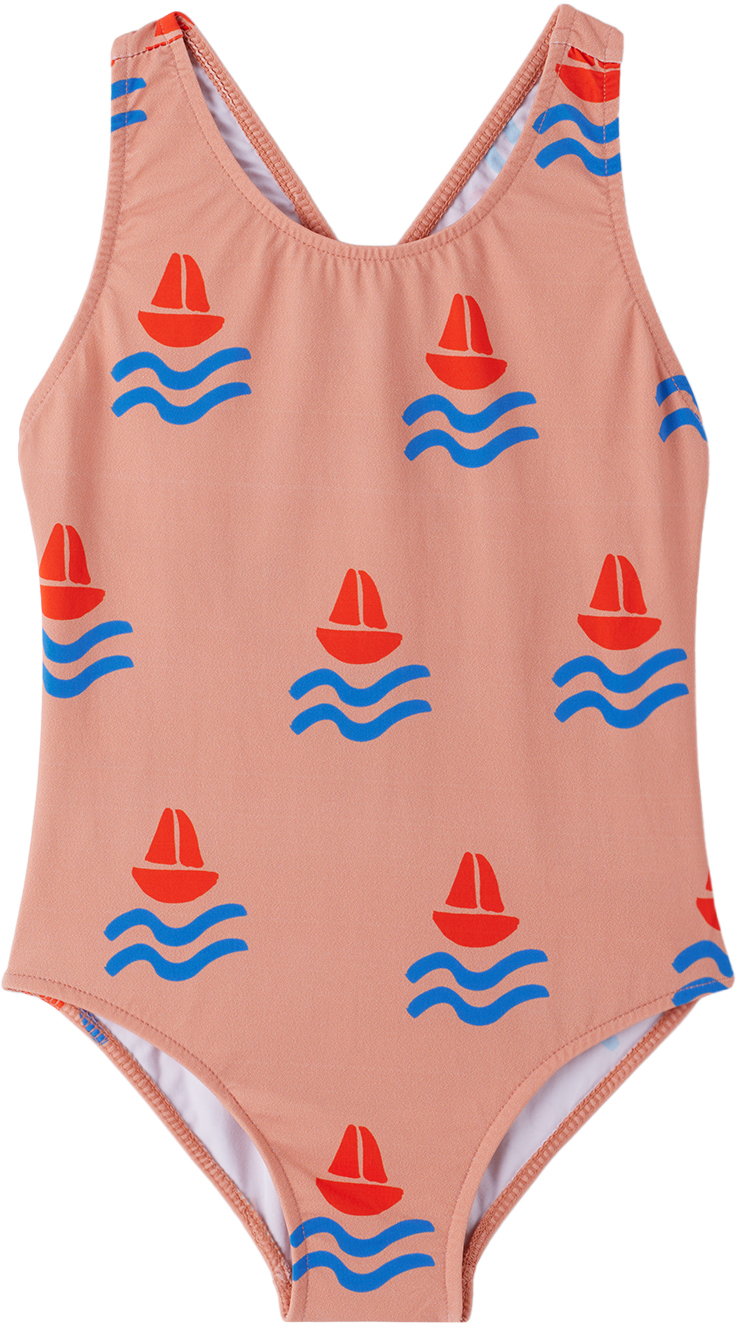 Bonmot Organic Kids Pink Boats Swimsuit In Terracotta