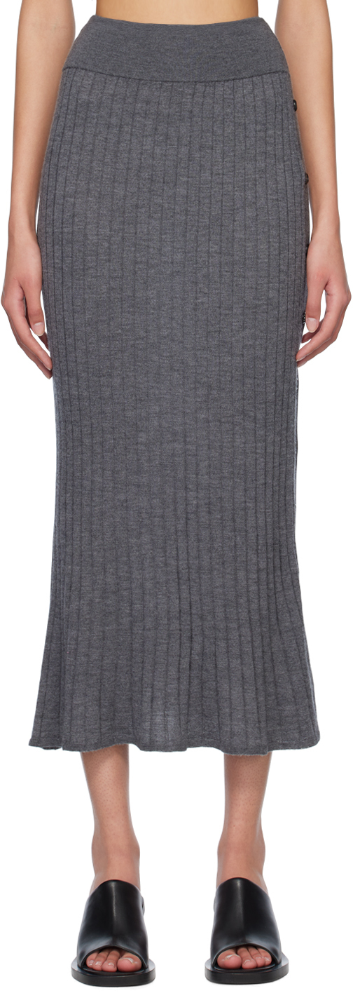 Lisa Yang Katie Ribbed-knit Button-detail Long Skirt In Grey