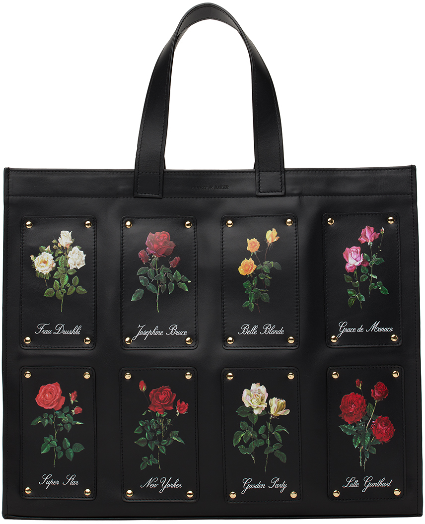 Black Patched Rose Shopper Tote