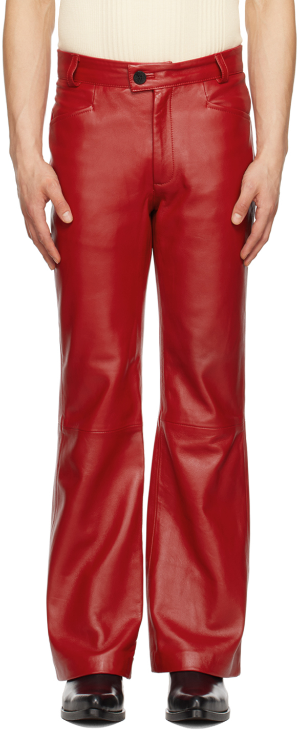 Red Flared Leather Trousers