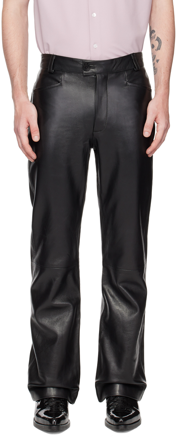 Shop Ernest W Baker Black Flared Leather Trousers In Black Leather