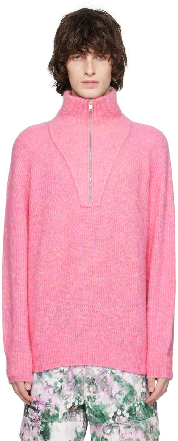 Isabel Marant Bryson Half Zip Baby Alpaca Blend Rib Sweater In Fluo Pink