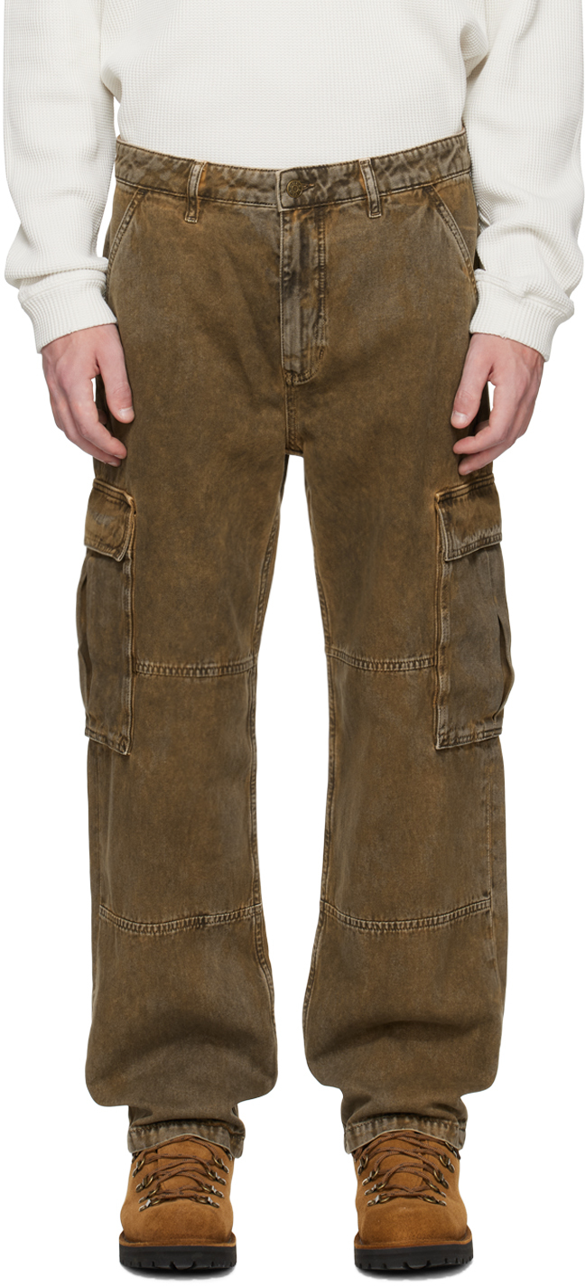 Guess Usa Gusa Straight-leg Distressed Cotton-twill Cargo Trousers In Brown