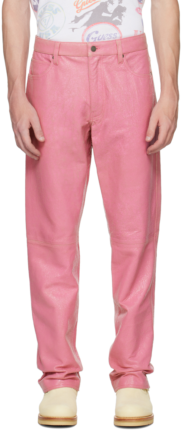 GUESS USA: Pink Cracked Leather Pants | SSENSE