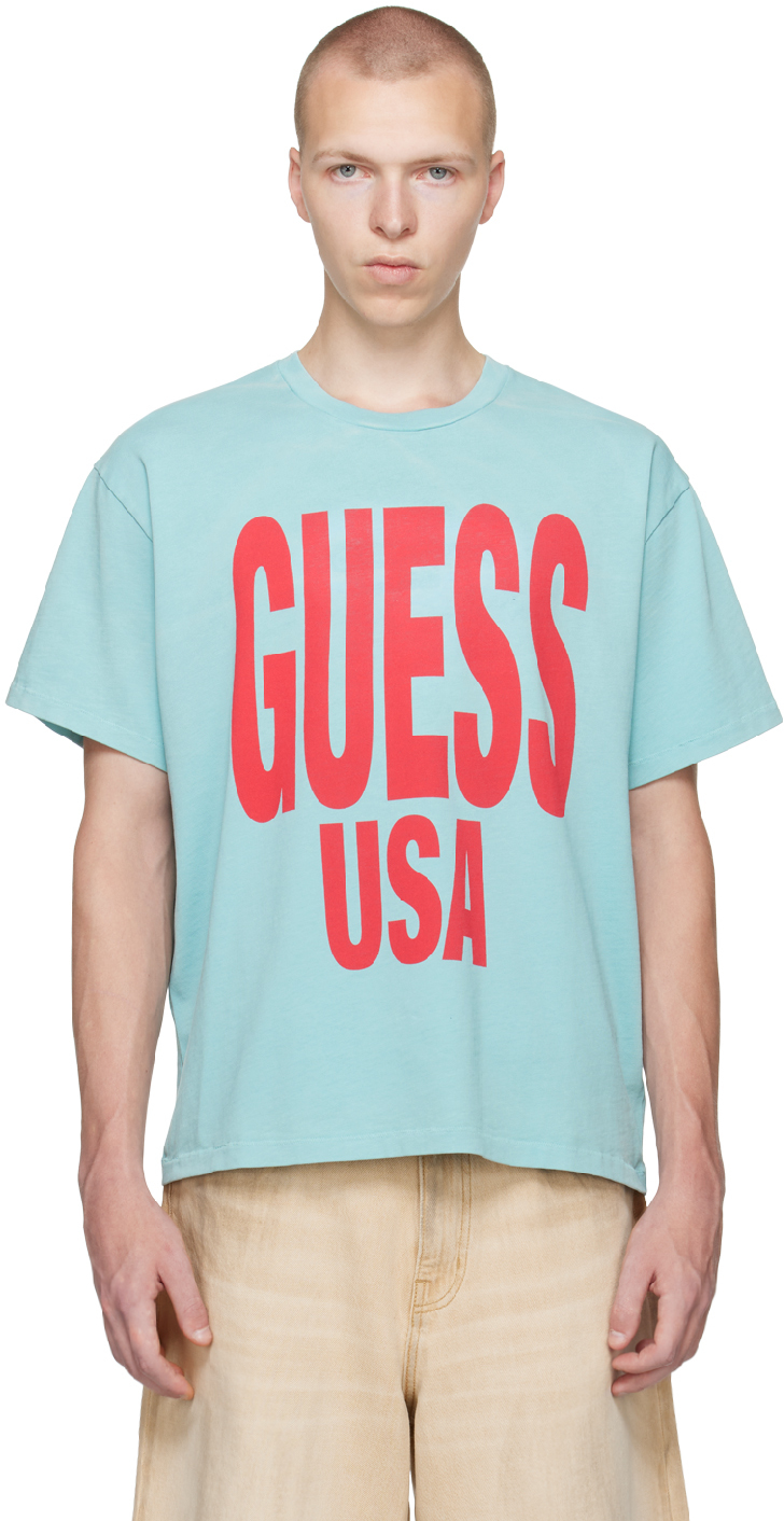 Guess Usa Logo-print Cotton T-shirt In Pale Baby Blue