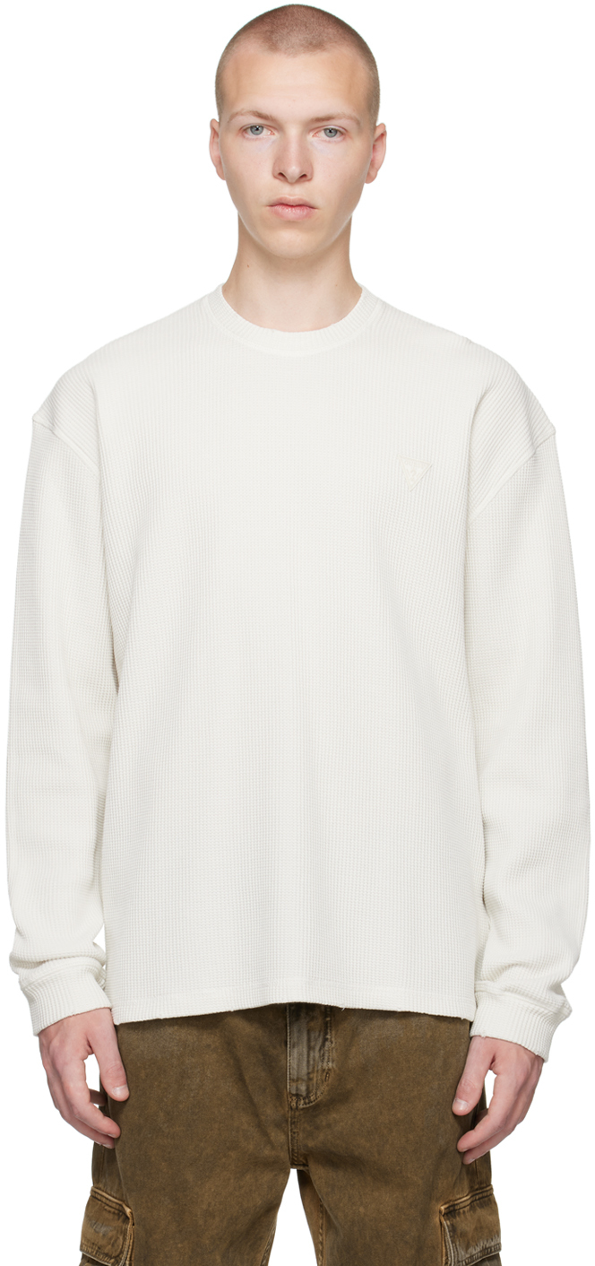 Guess Usa Off-white Waffle Long Sleeve T-shirt In Alabaster White