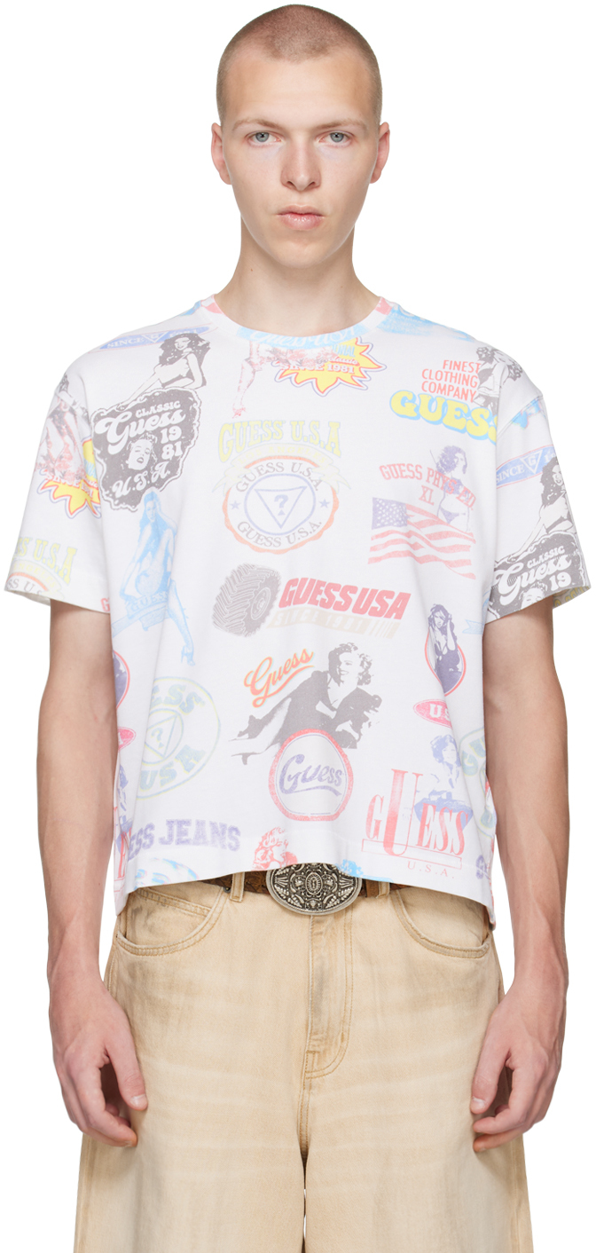 Guess Usa White Cropped T-shirt In Off White Multi