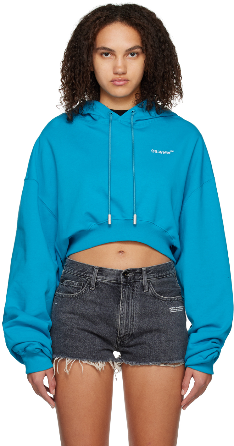 Off-white Cropped Logo-print Hoodie In Blue