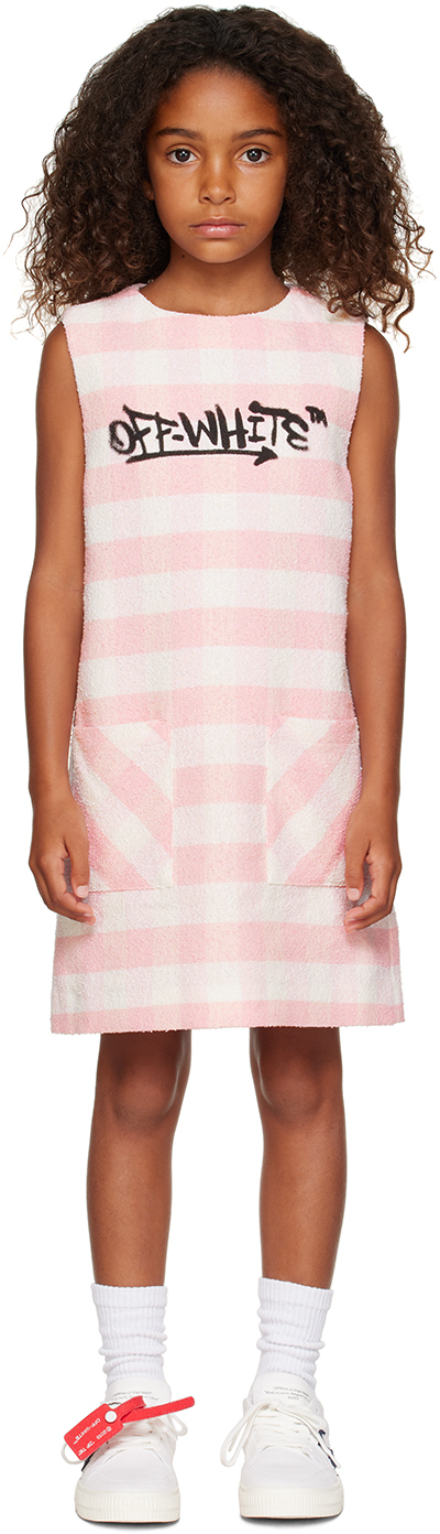 Off-white Kids' Checked Logo-print Dress In Pink Black