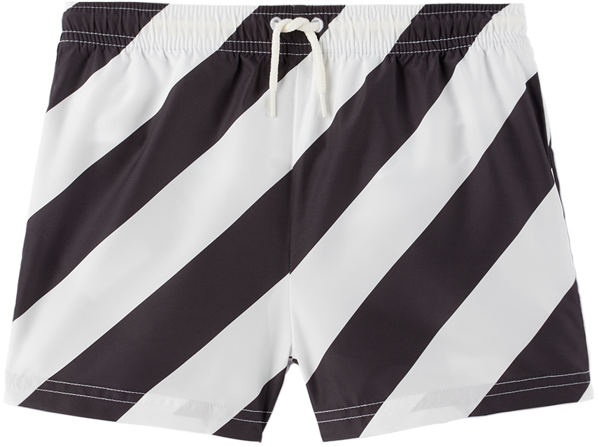 Off-white Kids Black & White Striped Swim Shorts In White Black