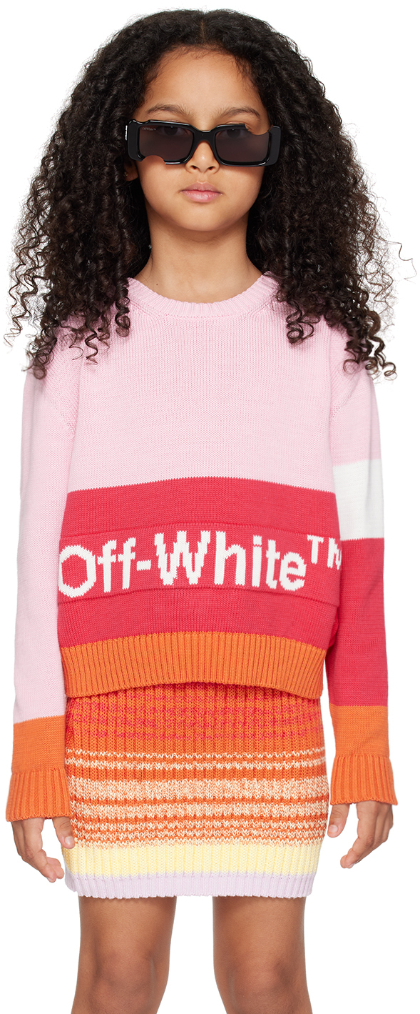Off-white Kids' Logo Intarsia Cotton Sweater In Pink Off White