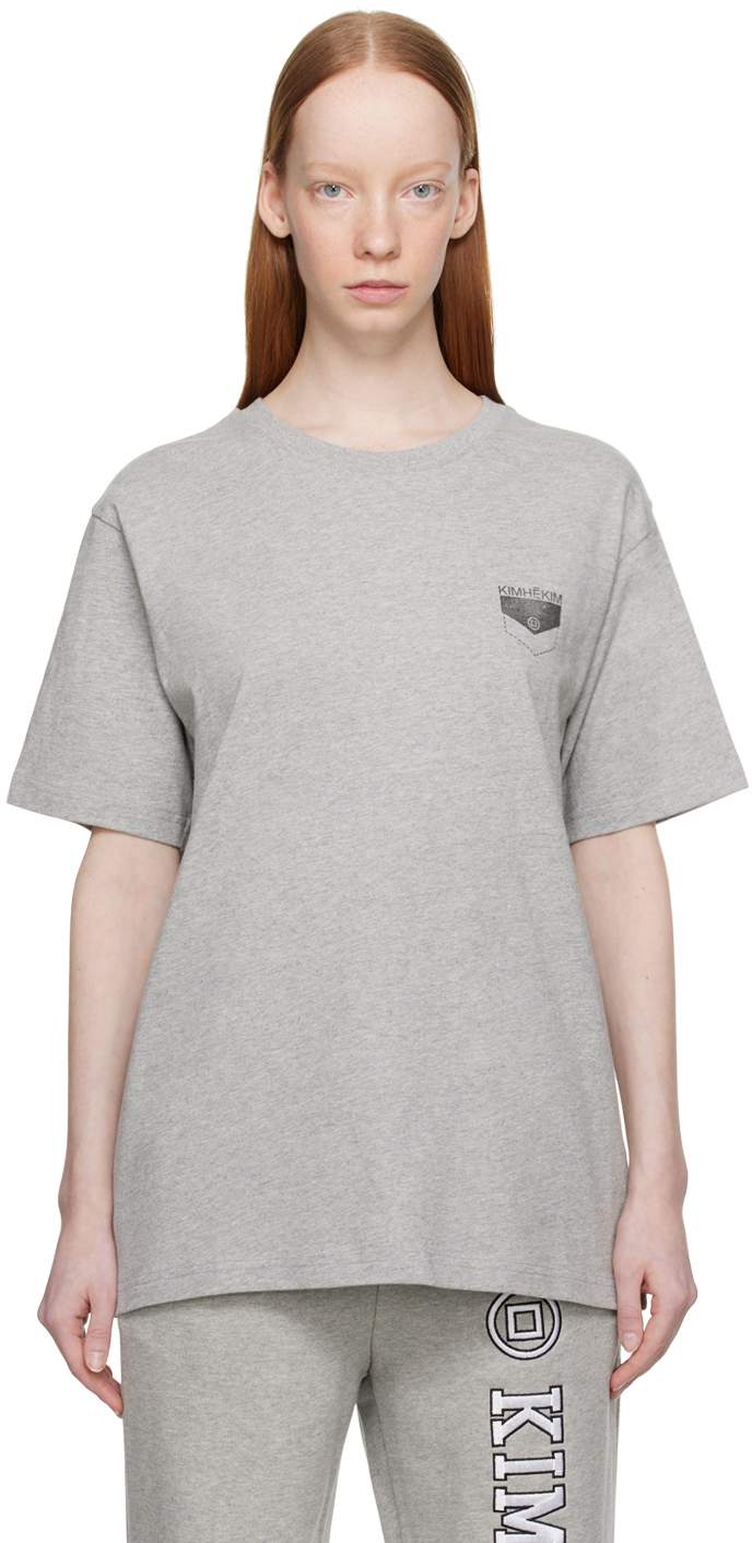Gray Pocket Stamped T-Shirt by KIMHĒKIM on Sale