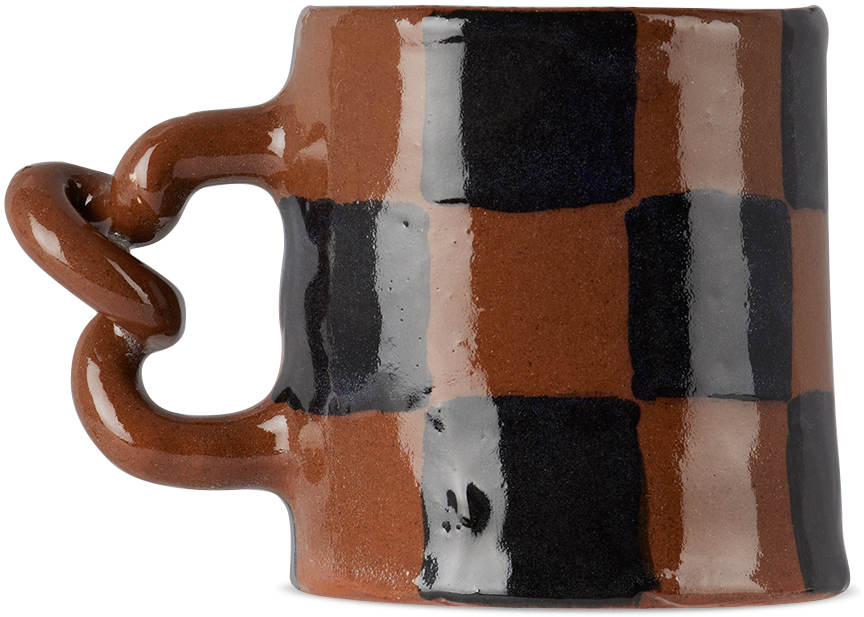Harlie Brown Studio Brown & Black Checkered Wiggle Mug In Terracotta And Black